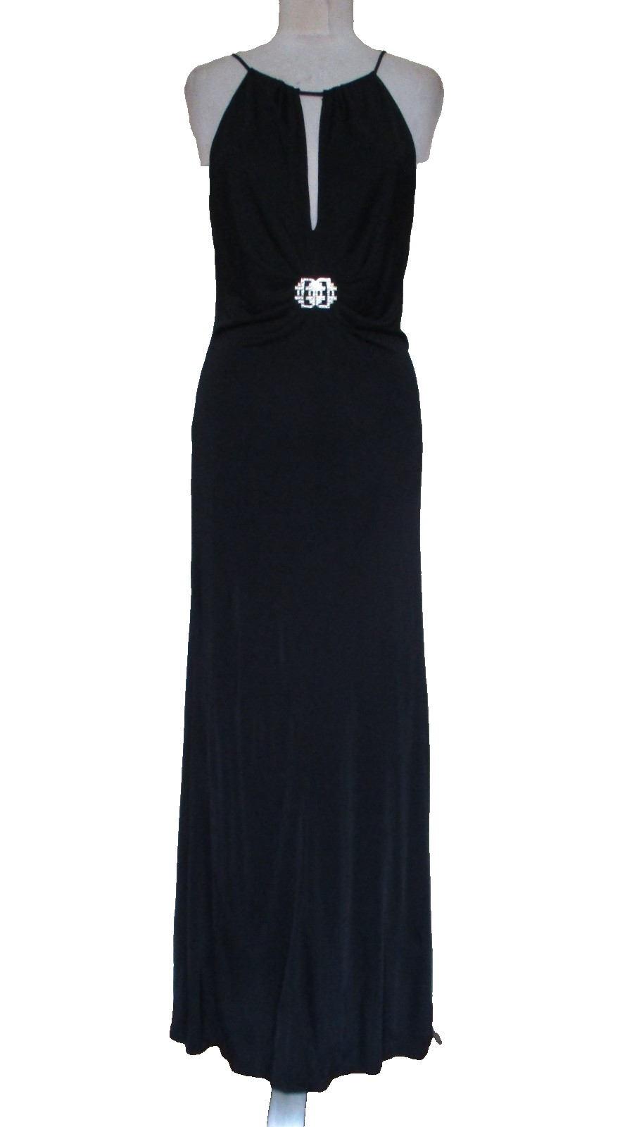 Vtg Y2K BCBGMaxAzria Open Back Sleeveless Maxi Dress Slinky Black Halter Gown M