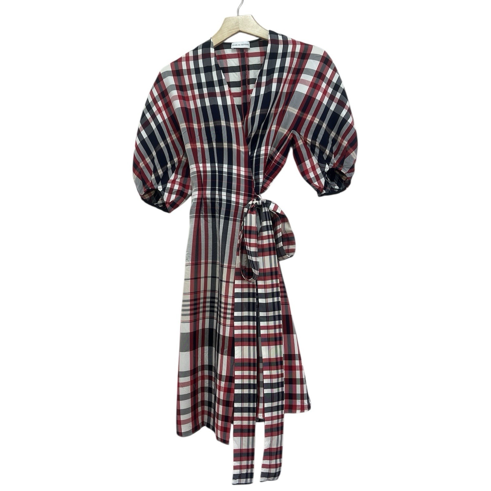 SCANLAN THEODORE Plaid Cocoon Sleeve Wrap Dress Women Size AU 8 US 4 Stripe Red