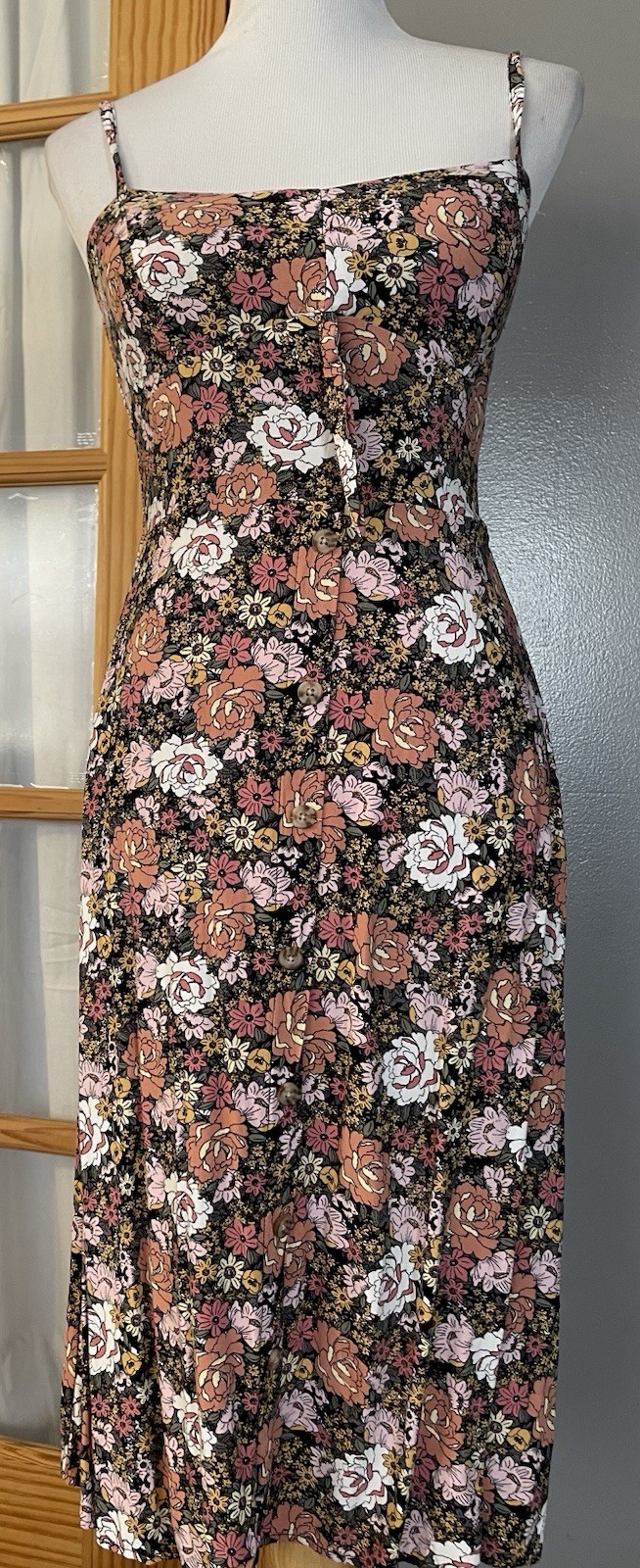 AUW Floral Midi Dress Junior’s M Smocked Padded Bra Pink Peach Boho Cottagecore