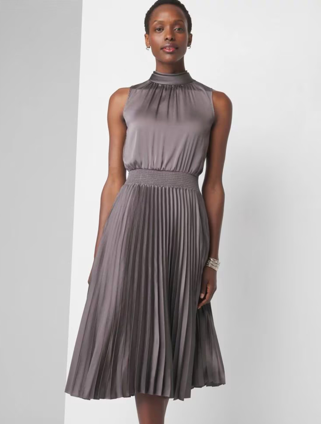 NWT White House Black Market Grey Satin Tie Neck Pleated Smocked Midi Dress Sz 8