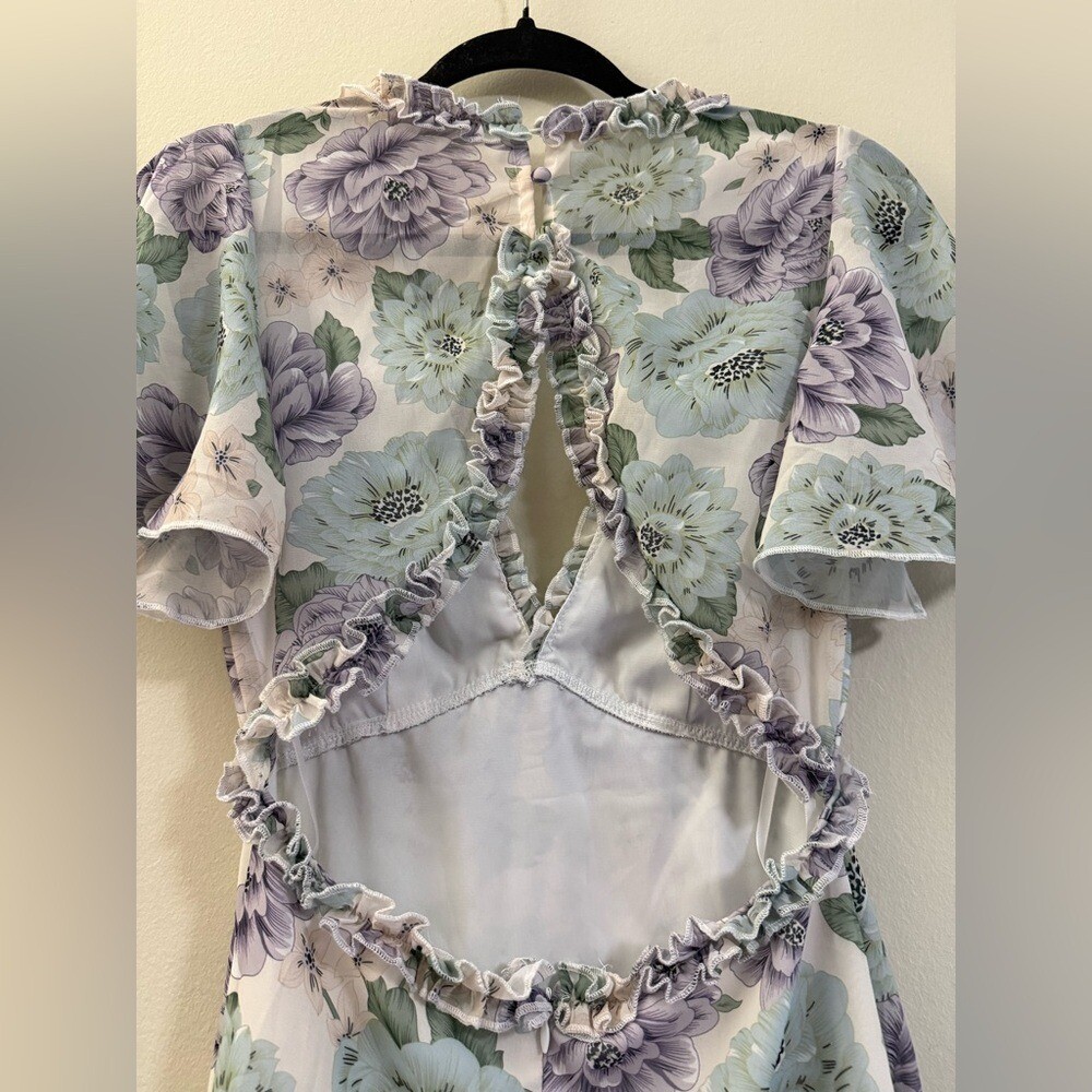 Saints + Secrets Floral Ruffle Open Back Mini Dress – S