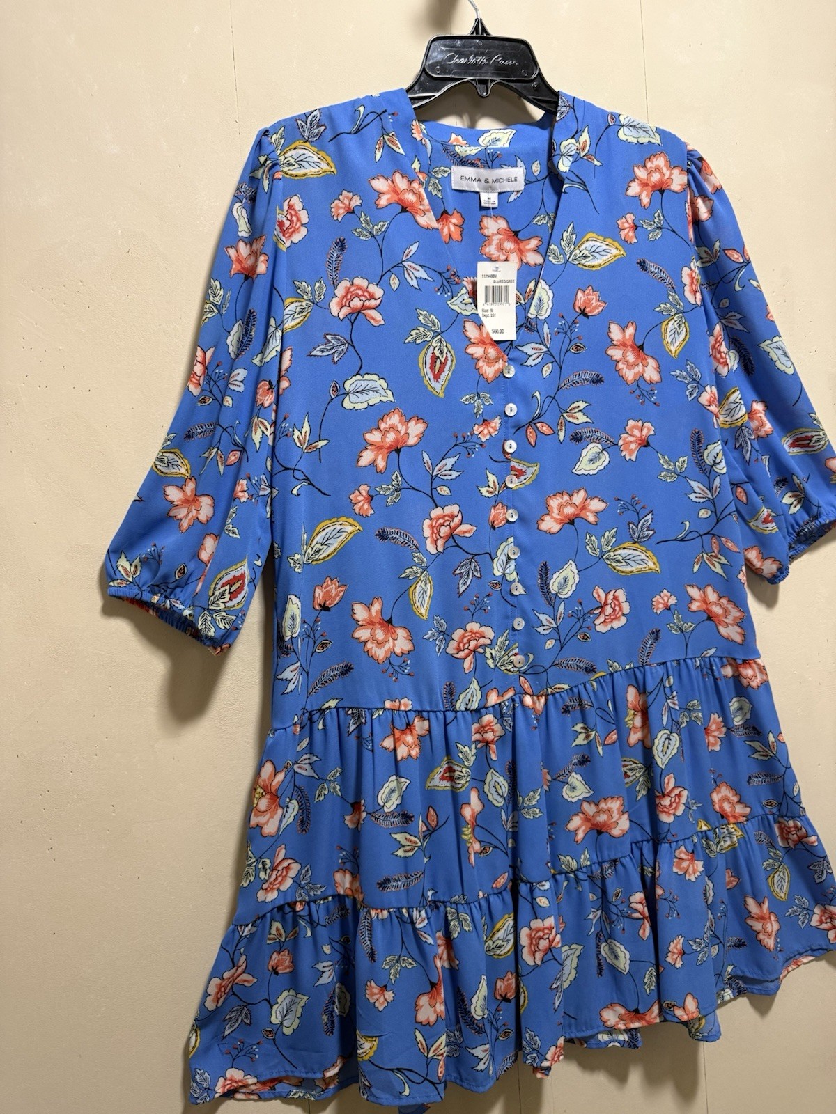 Emma & Michele Floral Tiered Knee length Dress Button Detail Women’s Sz M / Blue