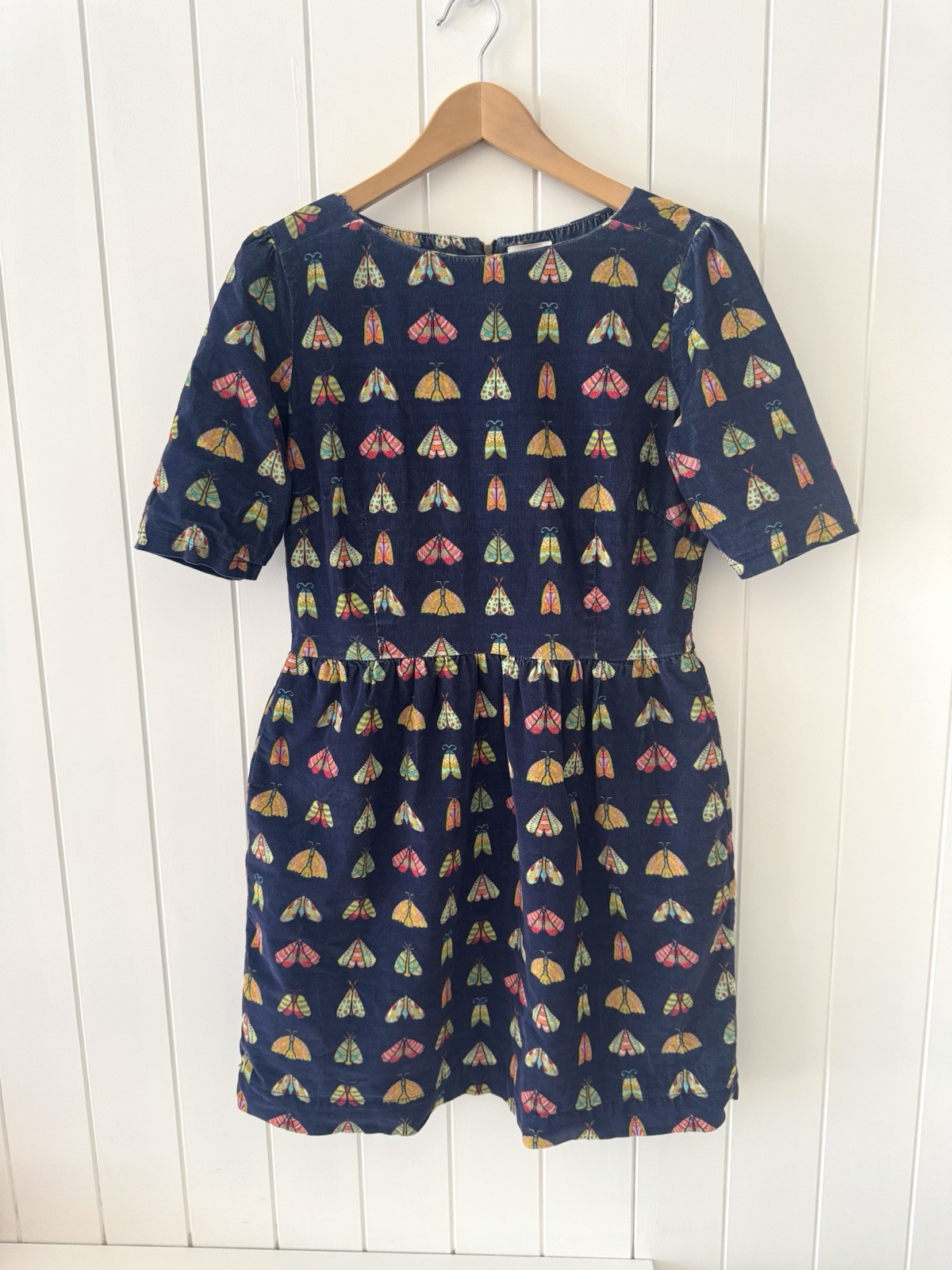 GORMAN Moth Cord Dress Size 12 Navy Cotton Blend Pockets Corduroy Short Sleeve