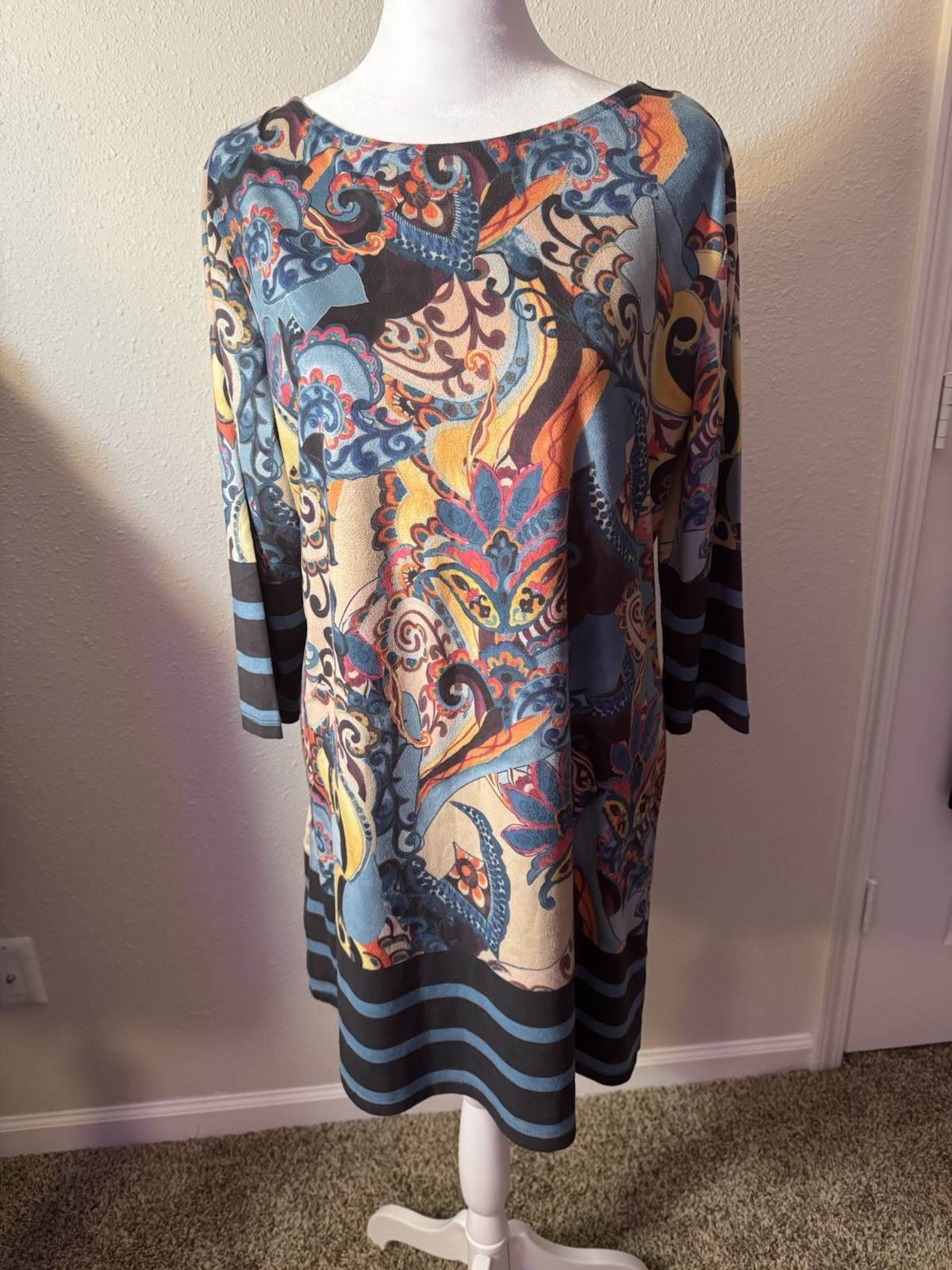 BN3 Mely NY Shift Sheath Dress Multicolor 3/4 Sleeve Paisley Stripe Womens Large