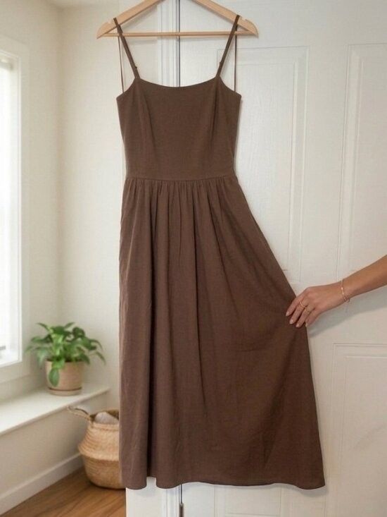 THIRTY THIRTY Brown Midi Dress Size S NWT Drop Waist Spaghetti Strap Sun Small