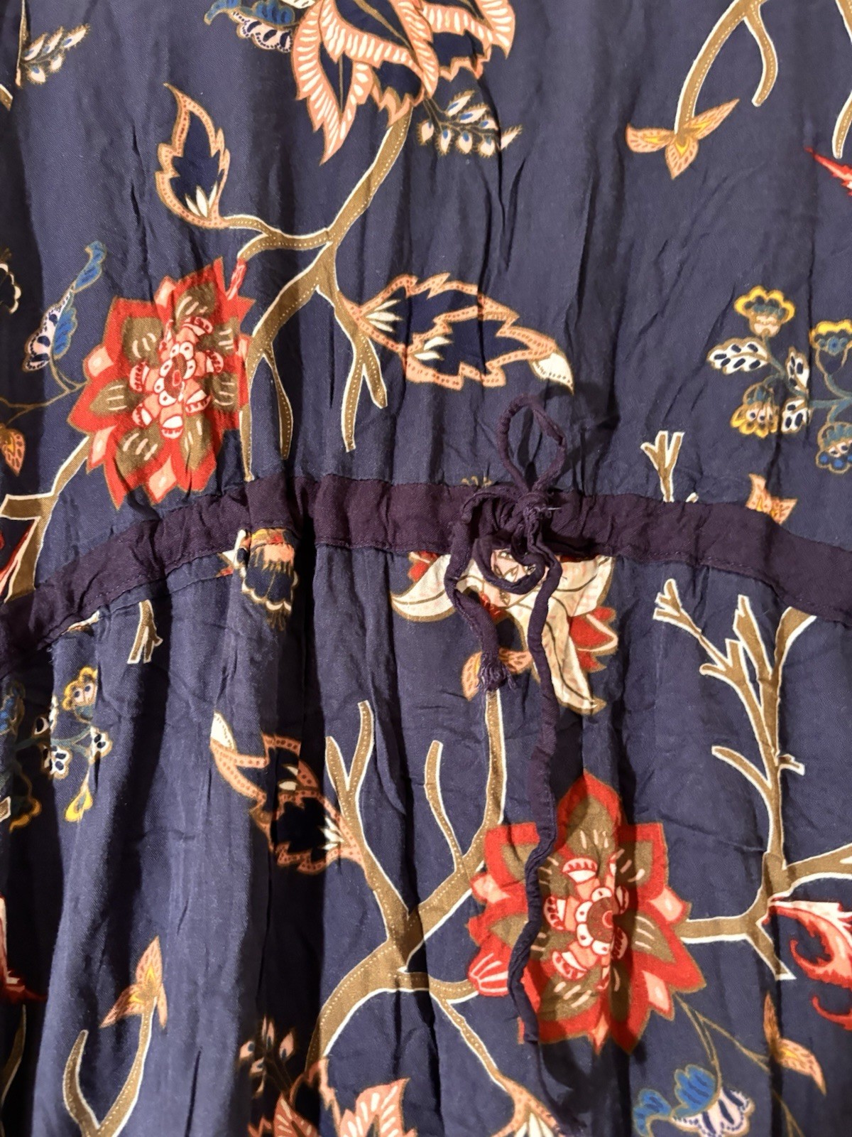 Prairie Cottagecore Garden Navy Floral Midi Dress w/ Waist tie, Size M