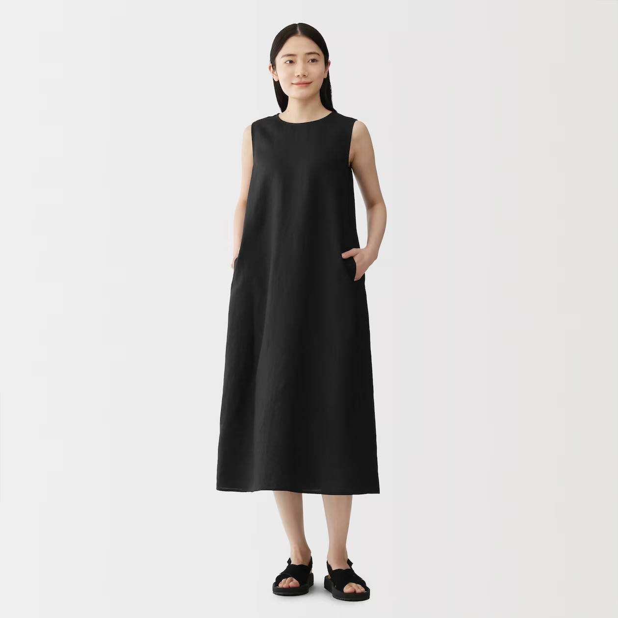 MUJI Womens 100% Linen Washed Sleeveless Dress Black FedEx