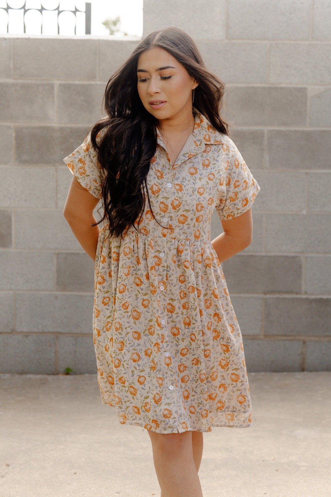 Women’s S Regular Beige/Orange Floral Collared Short Sleeve Shirt Dress Knee