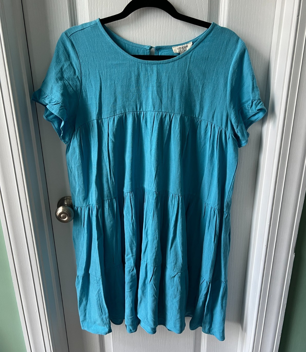 Umgee Womens Dress Tiered Blue Linen Cotton Swing Short Sleeve Size L NEW