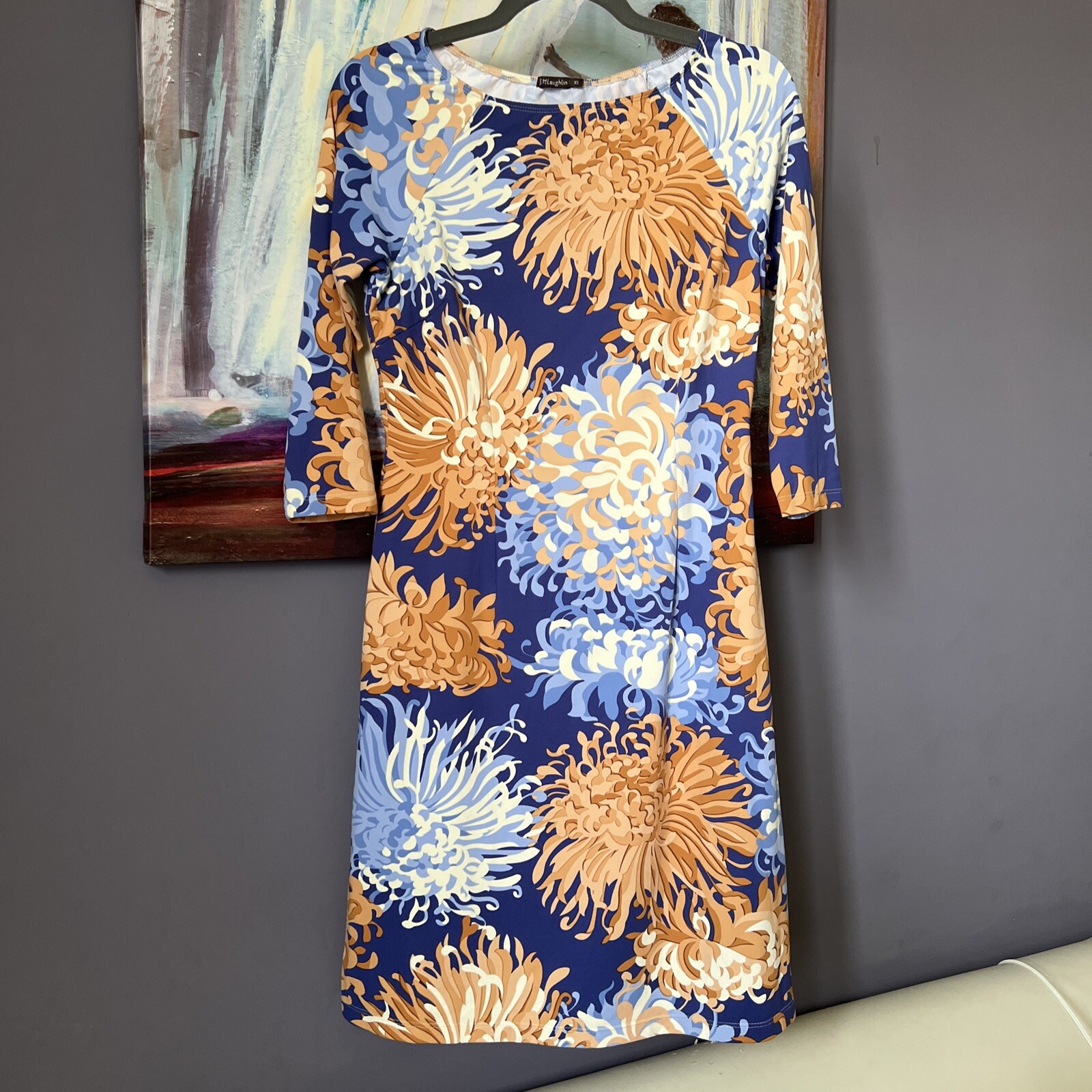 J McLaughlin XS Dress Nylon Casual Blue Beige White 3/4 Sleeve Floral