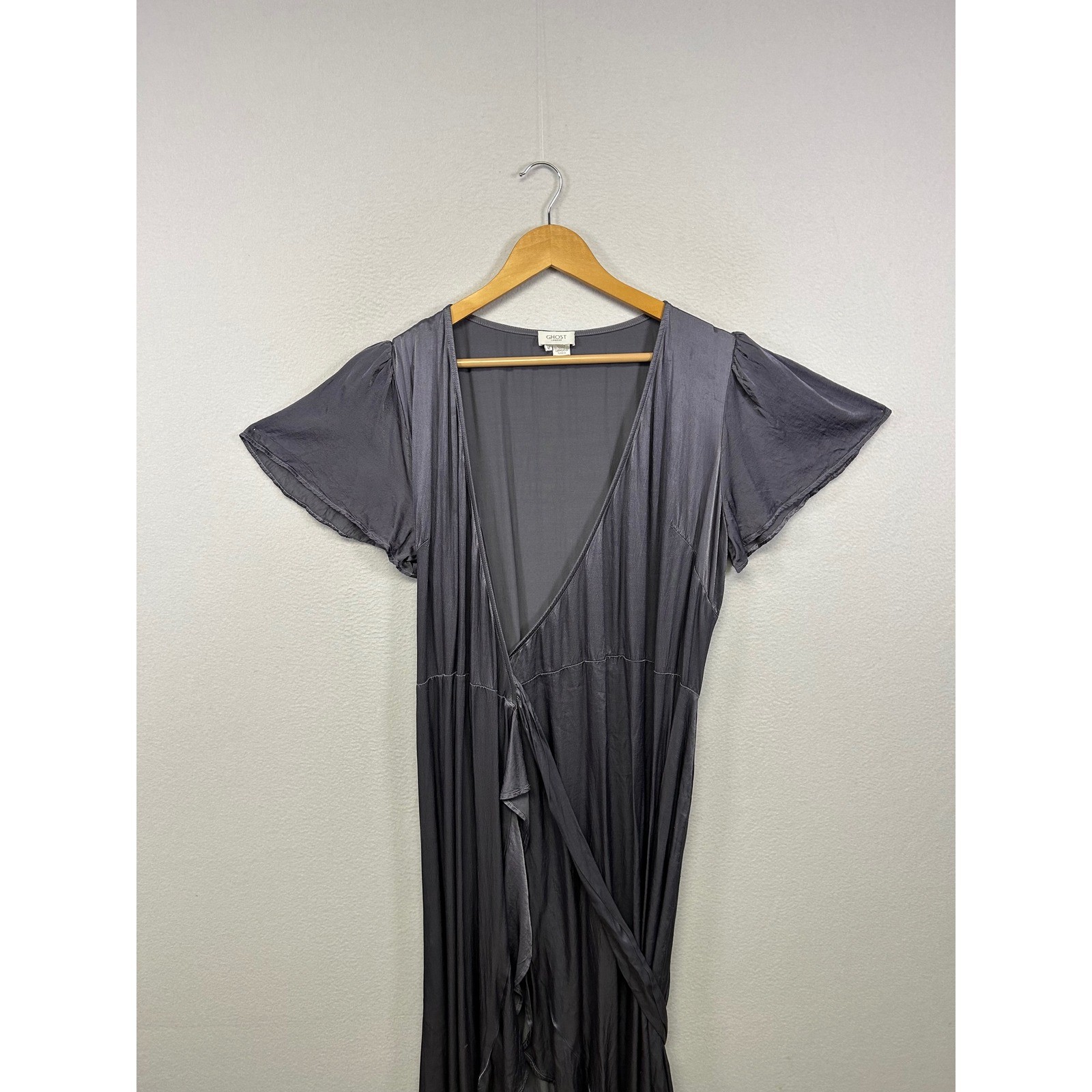 Ghost London Romantic Ethereal Womens Med Charcoal Grey Viscose Wrap Maxi Dress