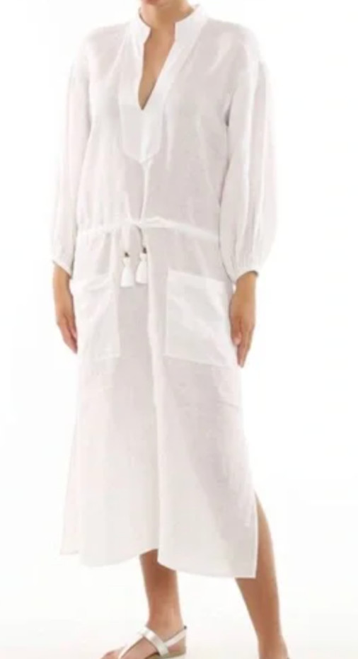 Tory Burch White Linen Caftan Midi Tunic Dress Drawstring Waist Pockets Resort M