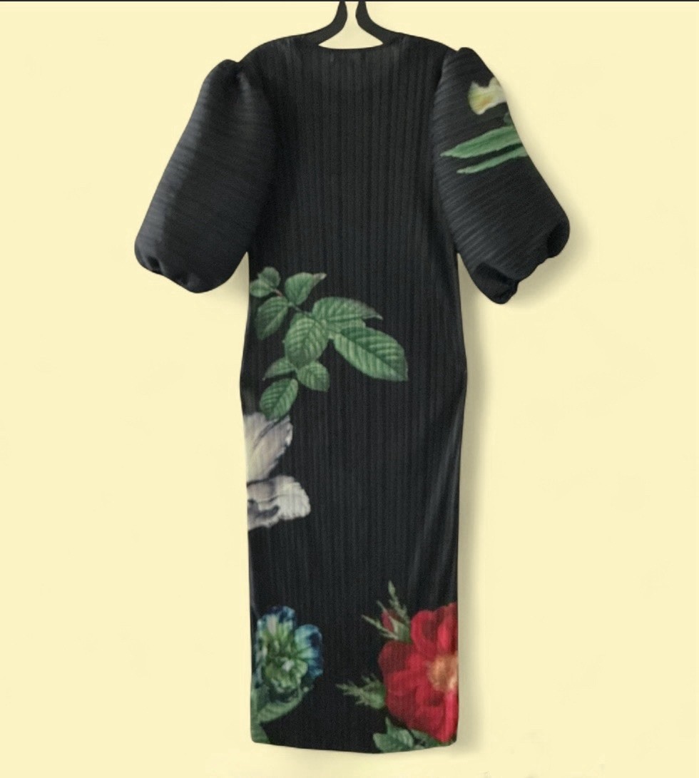 Nancy Yang Black Multi Color Pleated Puff Sleeve Round Neck Floral Dress Large
