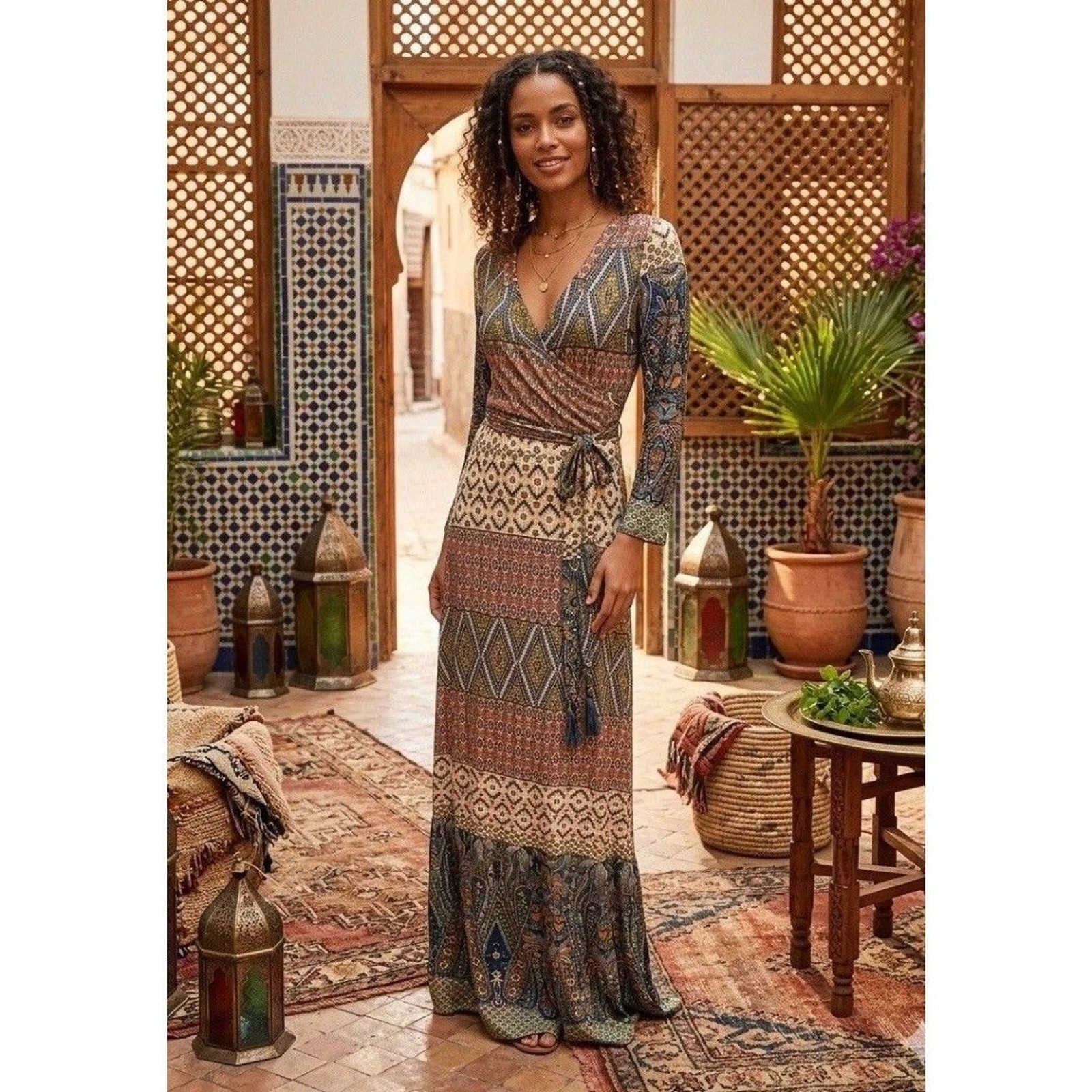 Tua Dress Boho Chic Earthy-Gypsy Faux Wrap Maxi Paisley Print Western Festival S