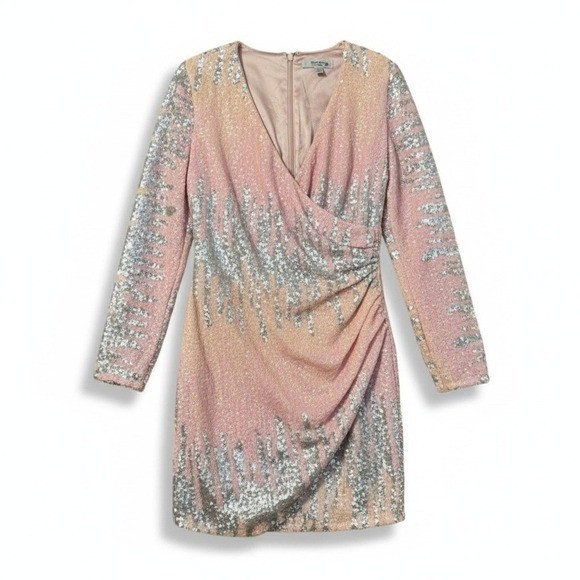 Ever New Melbourne Pink Silver Sequin Wrap Mini Dress Long Sleeve Size 8 US