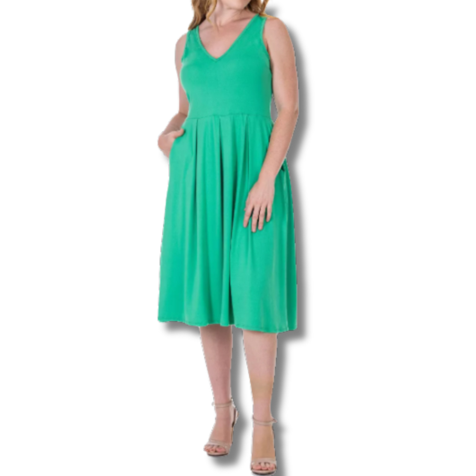 24Seven Comfort Apparel Fit and Flare MIDI Sleeveless Dress Green XL