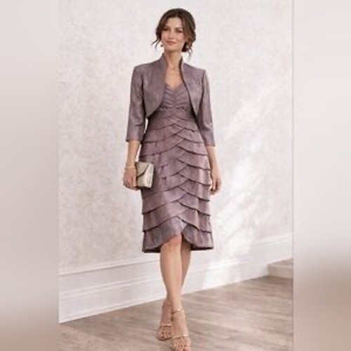 Adrianna Papell Hammered Satin Dress & Bolero Jacket Set Women’s Size 4