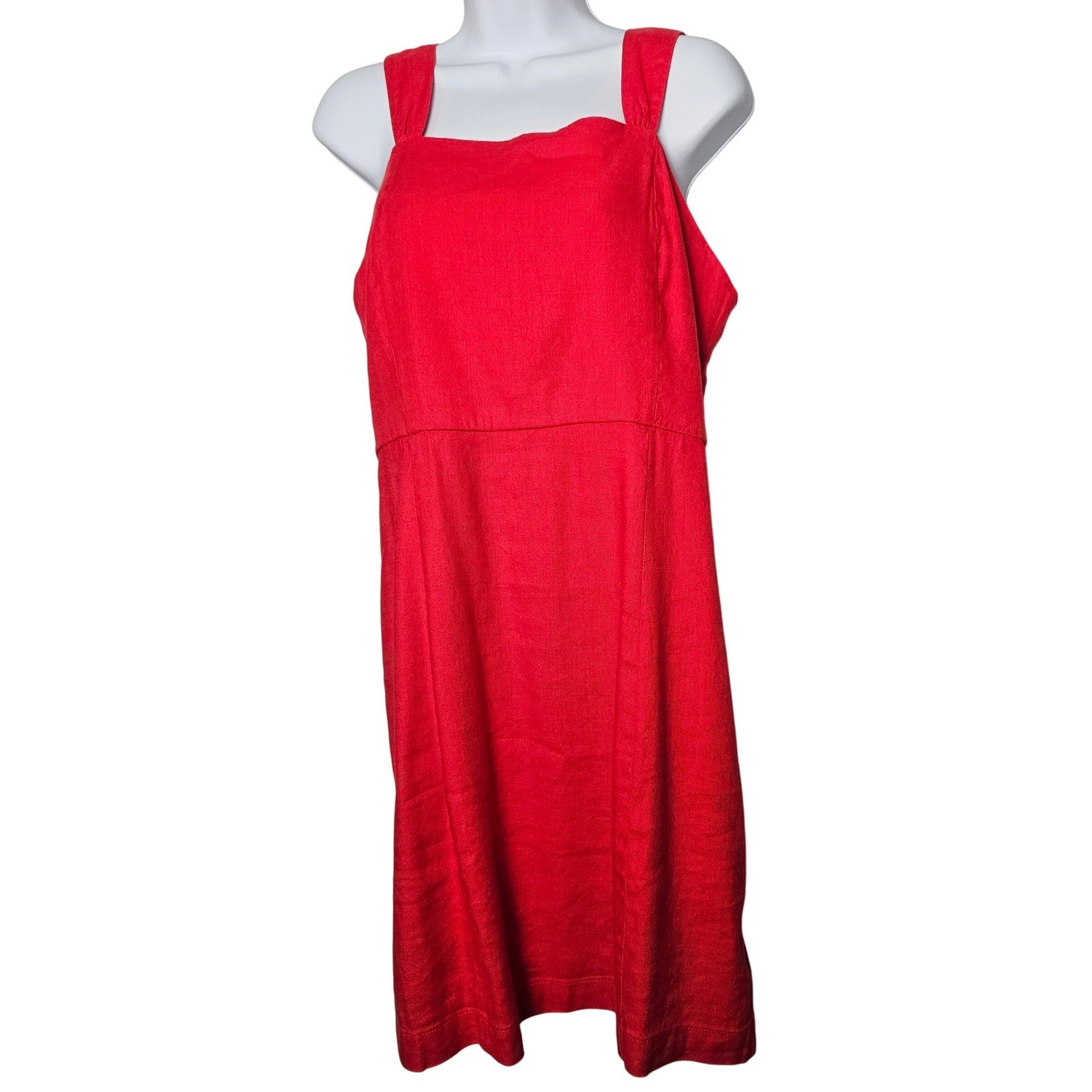 Halston Linen Blend Sundress Women 8 Red Square Neck Smocked Sheath Tomato Girl