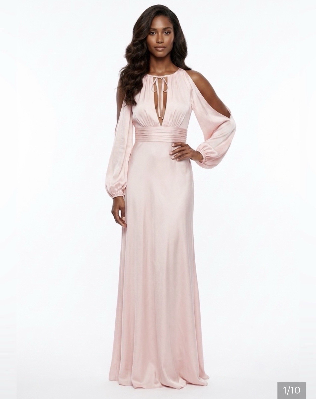 Ilenna Mac Duggal Blush Pink Long Sleeve Deep V-Neck Maxi Dress. Open sleeve. S4