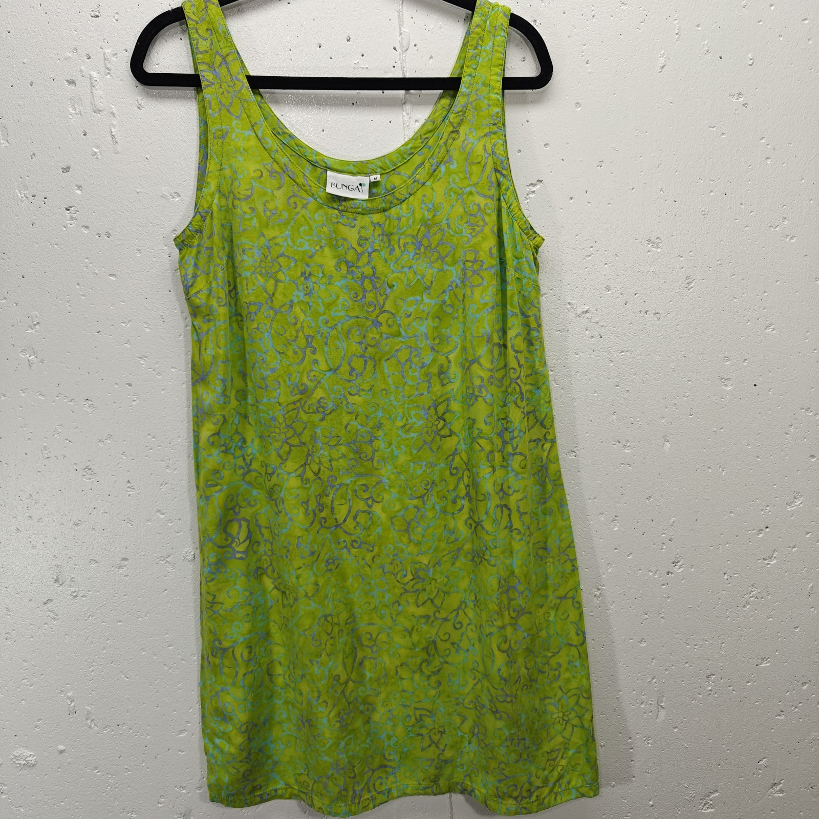 Vtg Bungas Womens Tank Dress Medium Bright Green Floral Beach Sundress