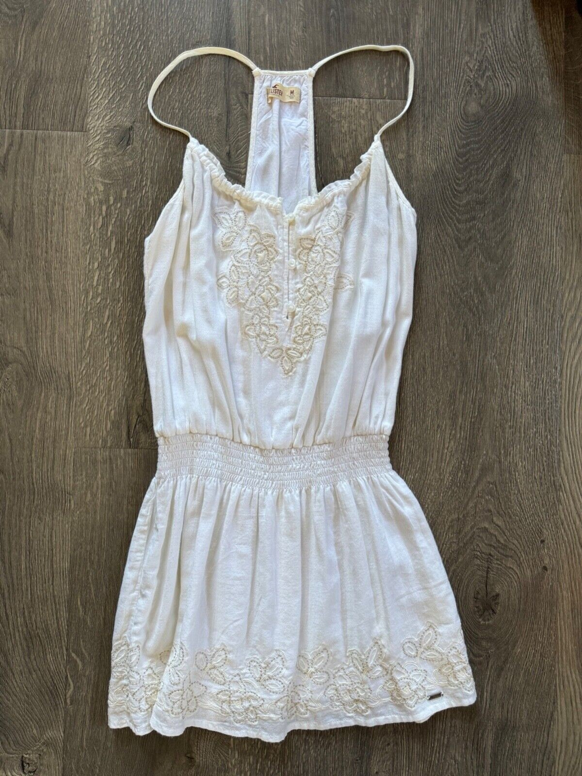 Hollister A&F White Gauze Sleeveless Racerback Gold Floral Embroidered Dress M