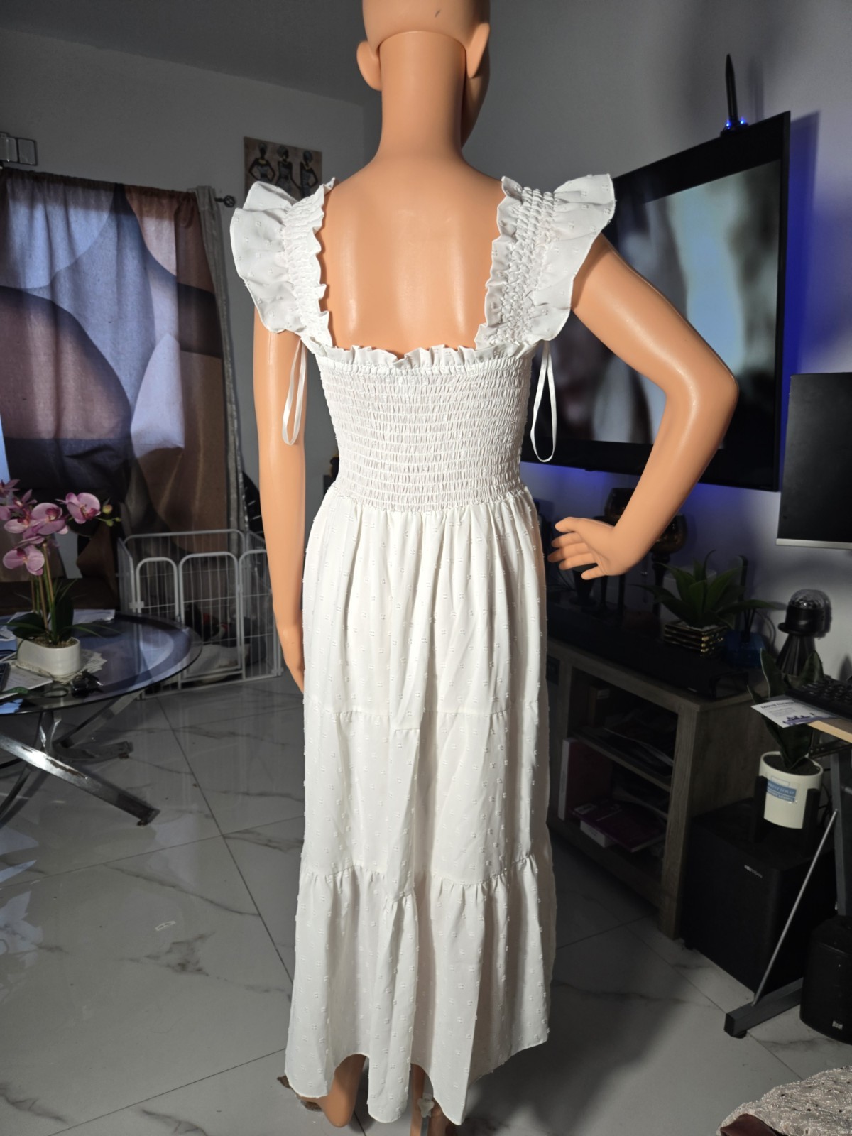 Londontime S White Solid Square Neck Smocked Ruffle Strap Midi A-Line Dress