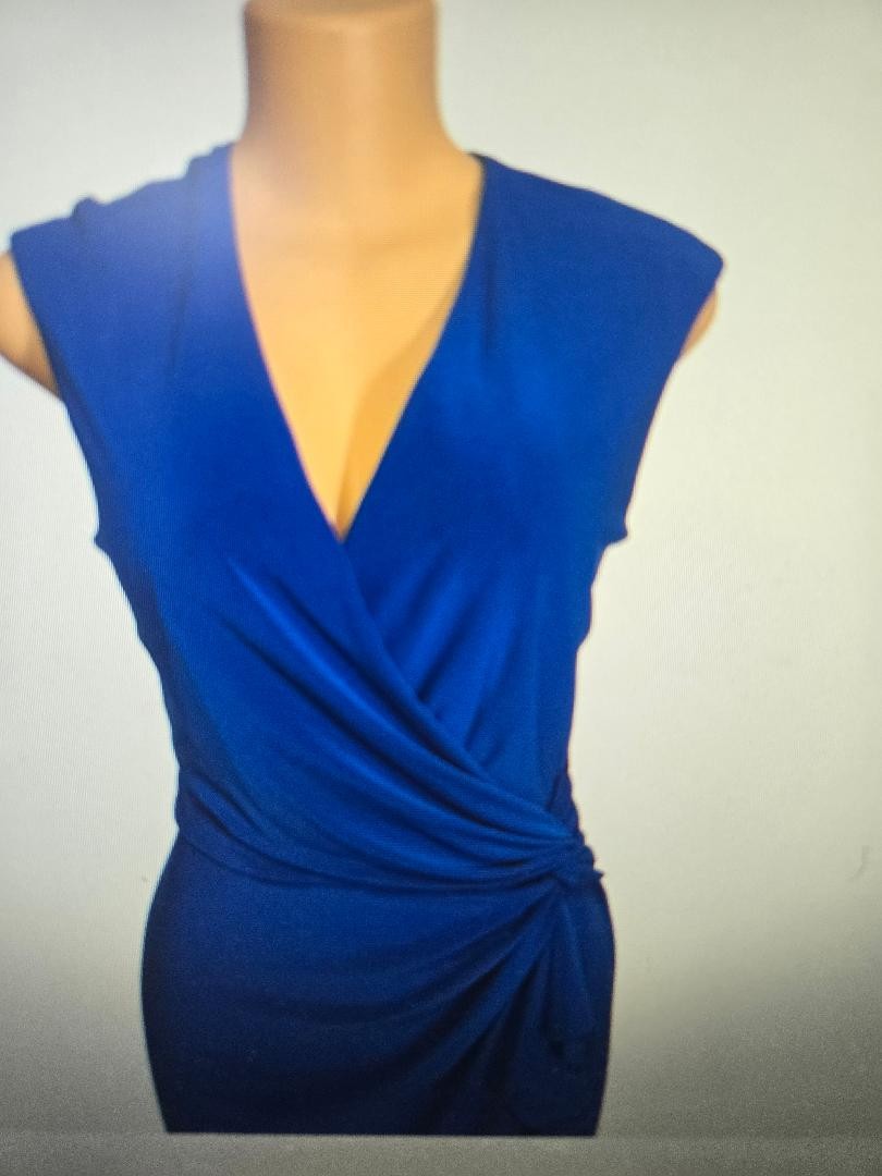 American Living Royal Blue Faux Wrap Ruffle Sheath Dress Women 10 Sleeveless NEW