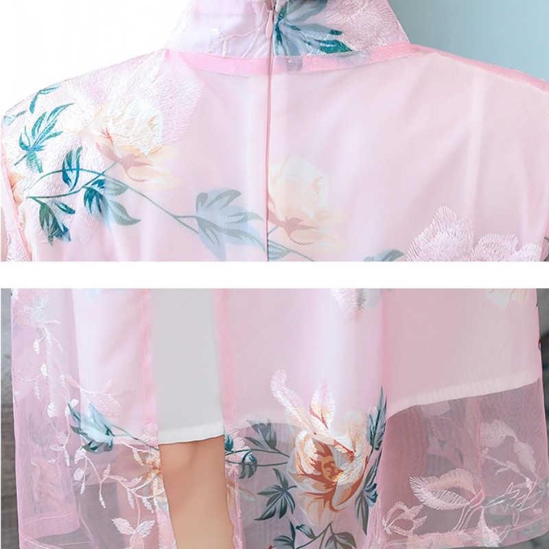 Ladies Flower Pattern Mesh Cheongsam Qipao Dress Side Slit Half Sleeve Elegant