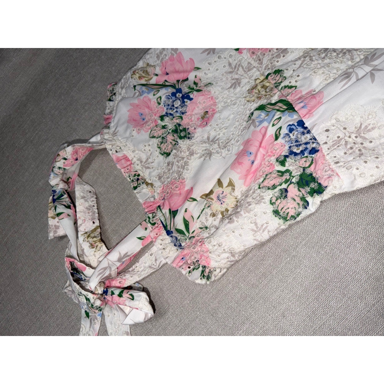Sunday Up Floral Eyelet Lace Tie Shoulder Smocked Midi Dress Pink White Medium
