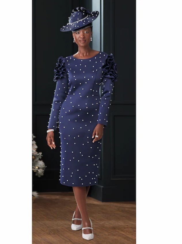 16W Ashro Blue Formal Rhinestone Pearl Church Teyonah Rose-Sleeve Sheath Dress