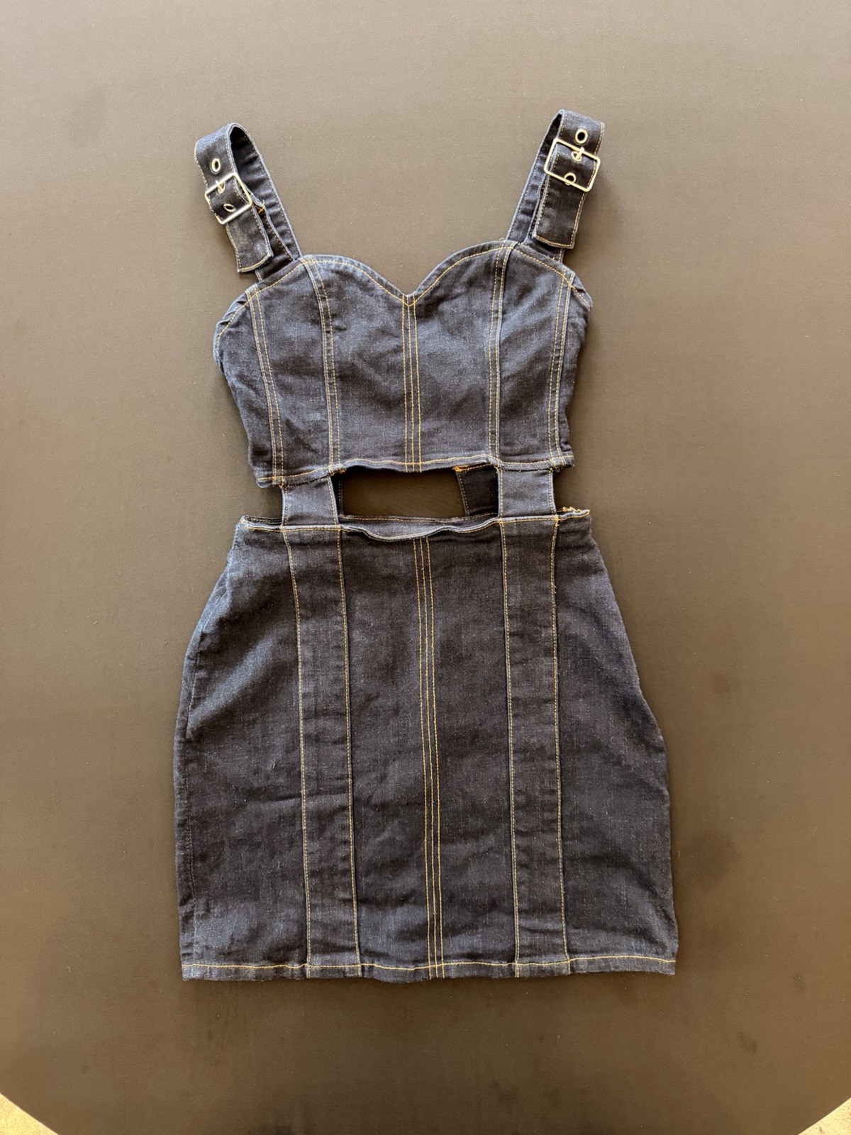 True Religion Denim Mini Dress XS Cut-Out Buckle Straps Pockets Dark Blue