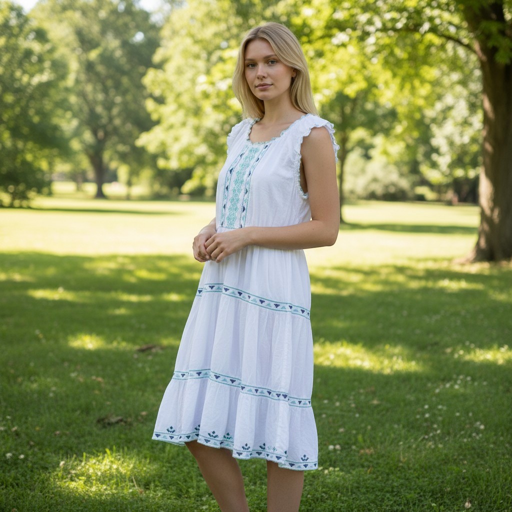 OSO Casuals Sundress M White Cotton Woven Sleeveless Embroidered Lined|Beach