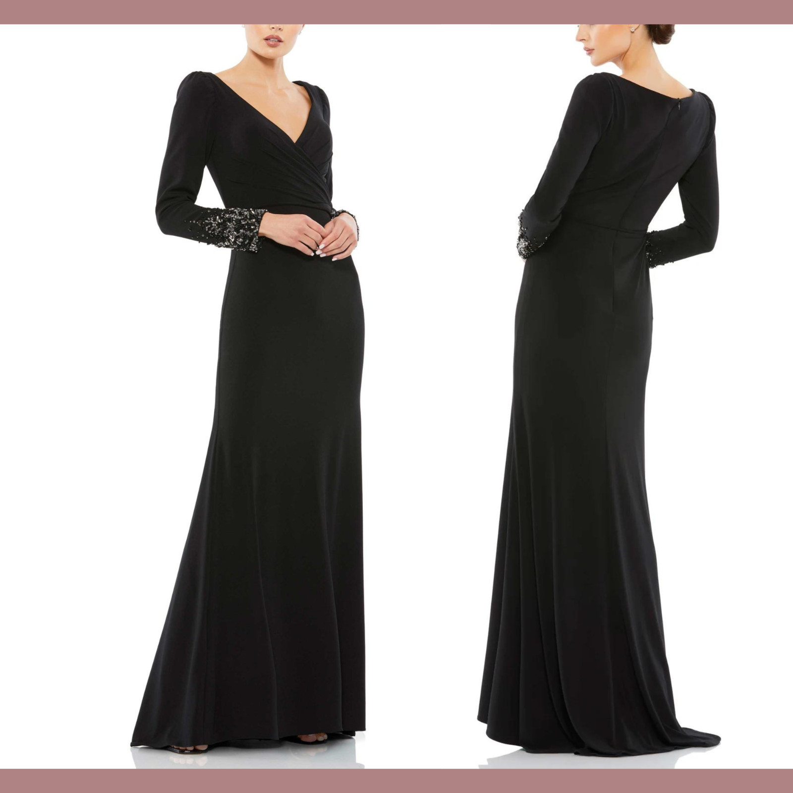 NWD $498 Mac Duggal [ 14 ] Beaded Cuff Long Sleeve Wrap Over Trumpet Gown #G1993