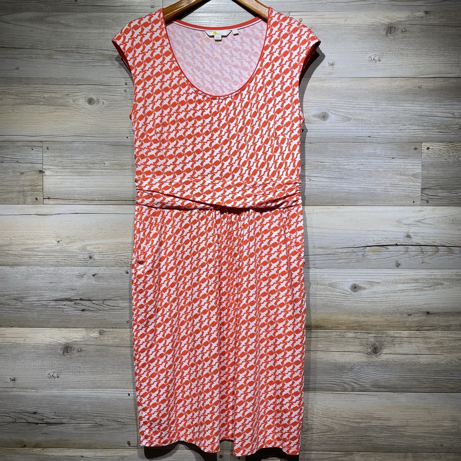 Boden Knee Length Casual Dress Womens 12L Red Bird Dove Print Pockets Jersey