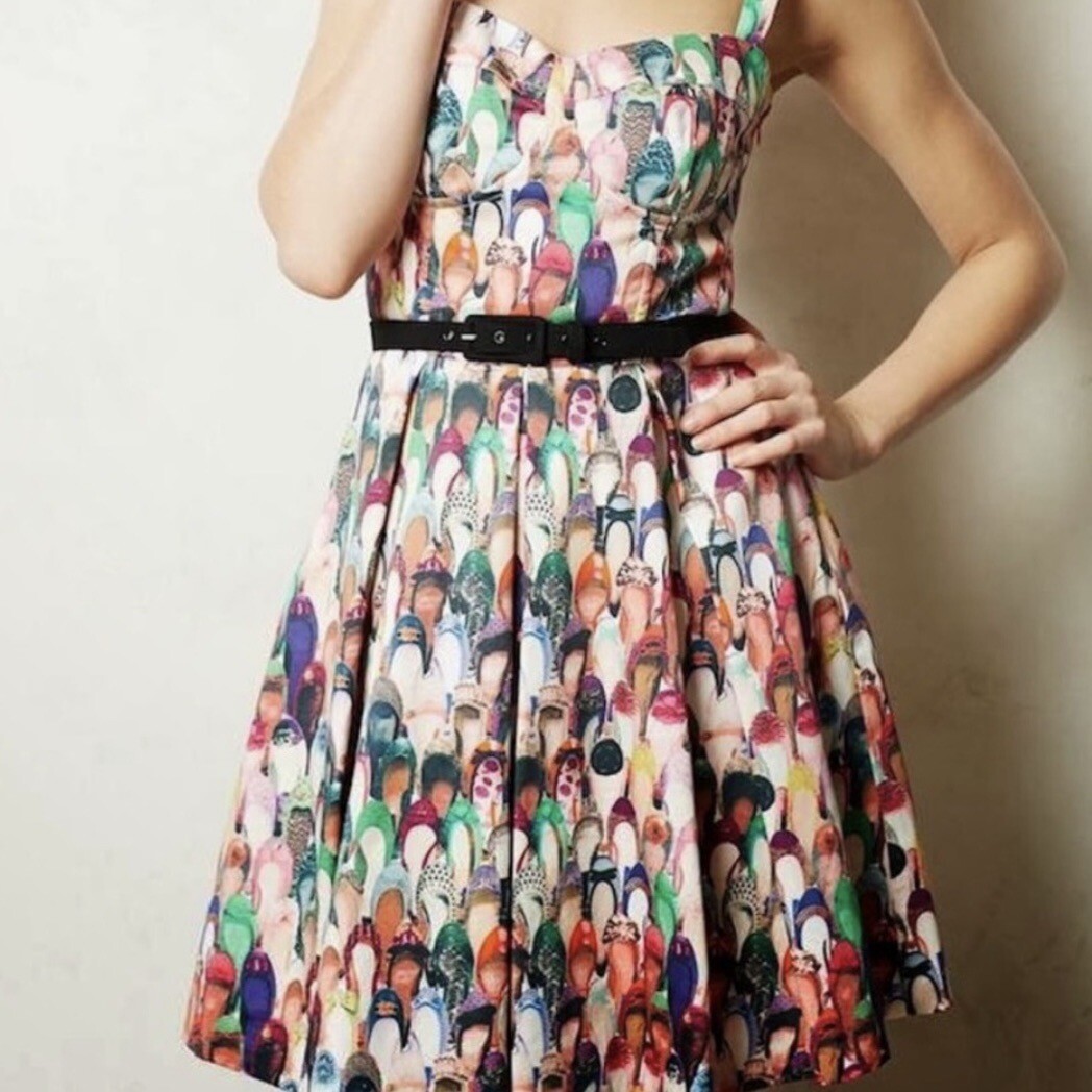 $348 Eva Franco Shoe Print Fashion Dress “Well Heeled” Sweetheart Neck Size 4