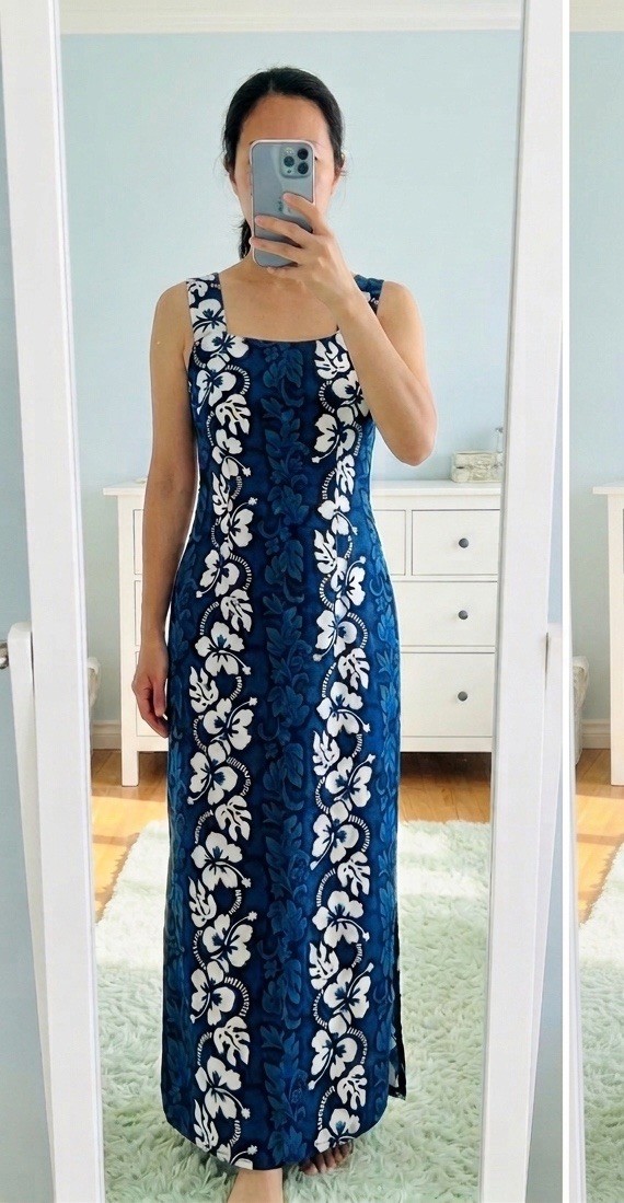 Vtg 70s M Blue Floral Hawaiian Maxi Dress Square Neck Hibiscus Barkcloth Boho