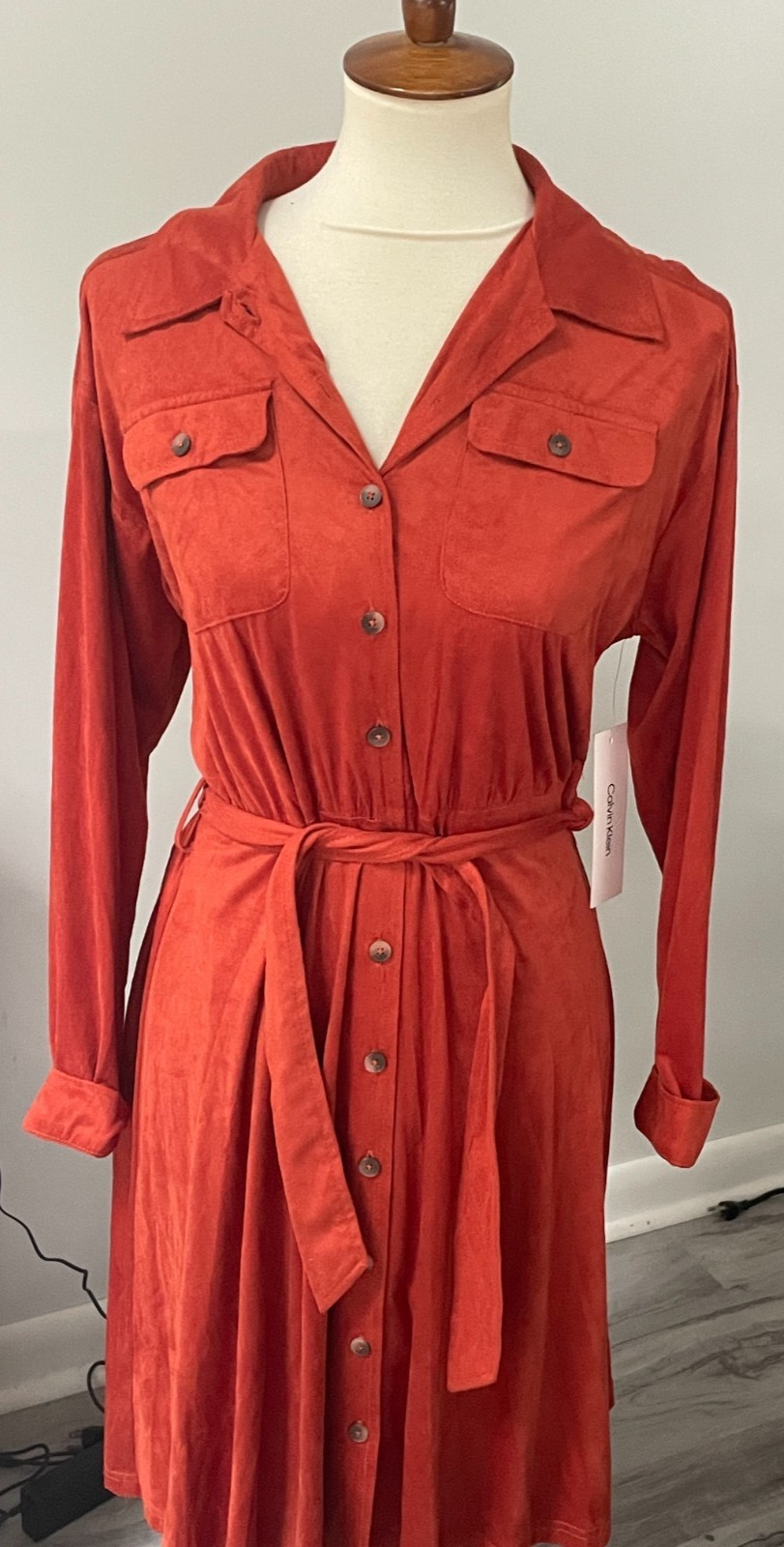 NWT Calvin Klein burnt orange/rust suede style collared dress w/belt, sz 6