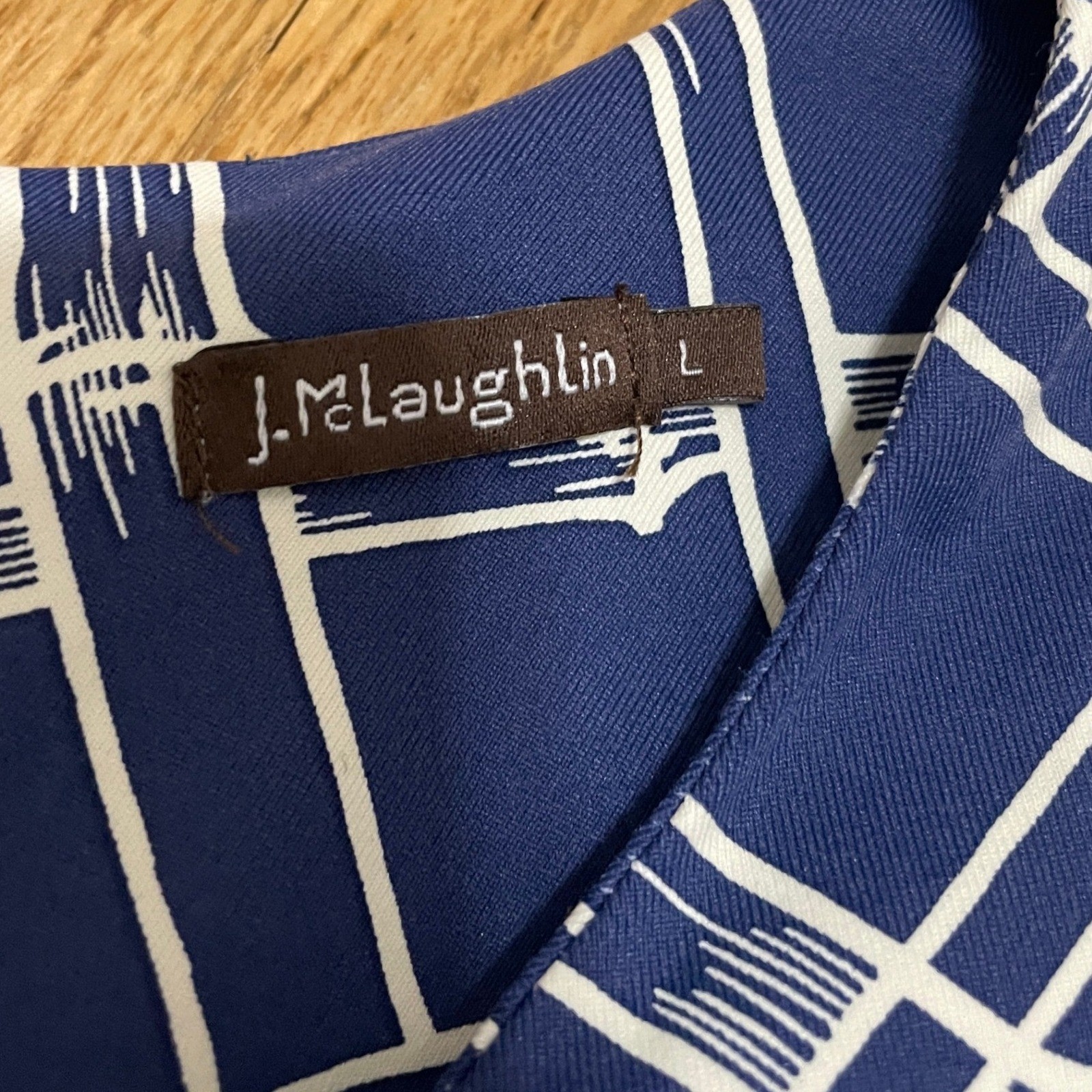 J McLaughlin Sophia Catalina Navy Blue White Bamboo Print Sheath Dress Women’s L