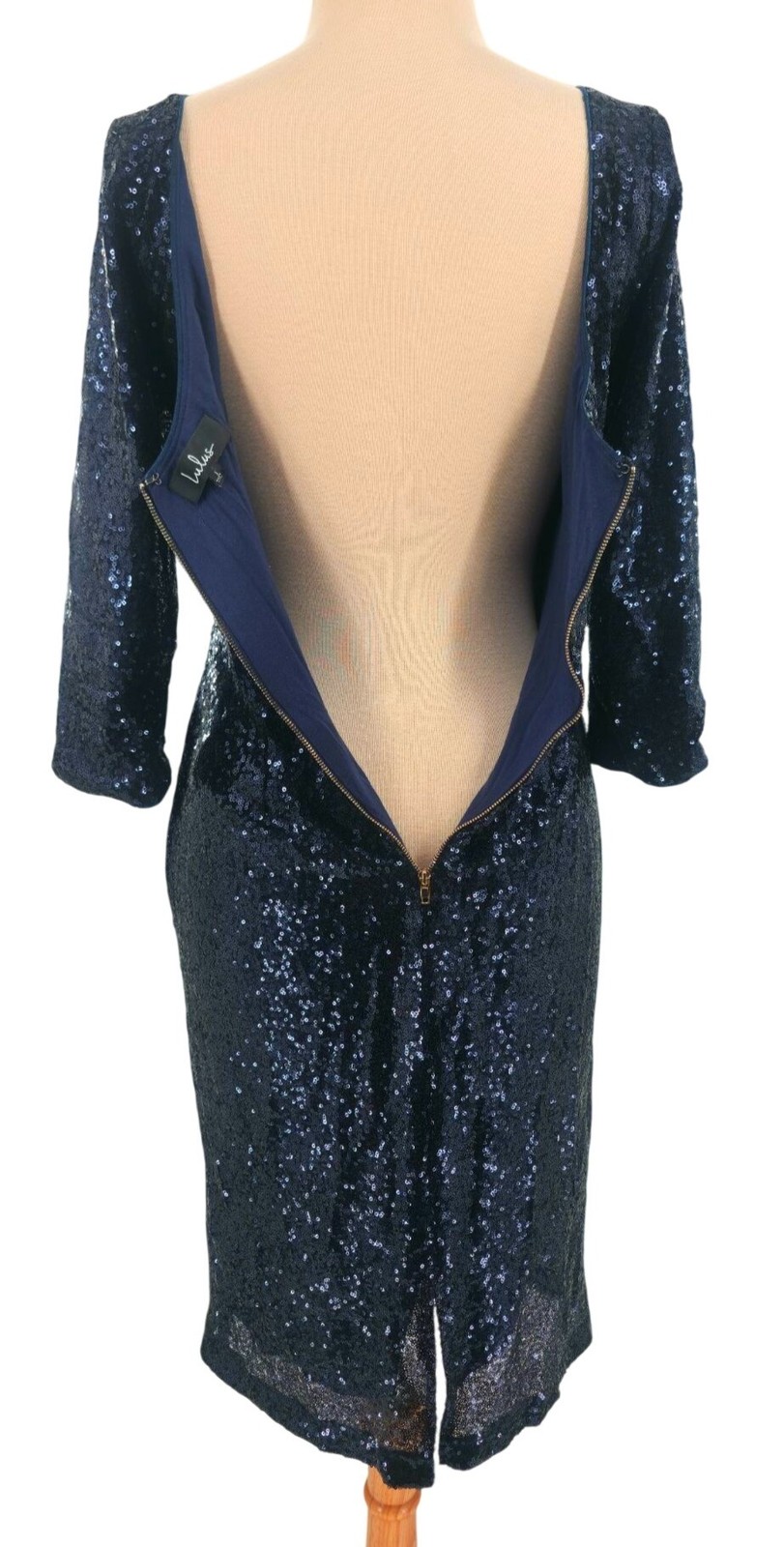 Lulu’s L Sequin Cocktail Dress Dramatic Scoop Back 3/4 sleeves Sheath Mini