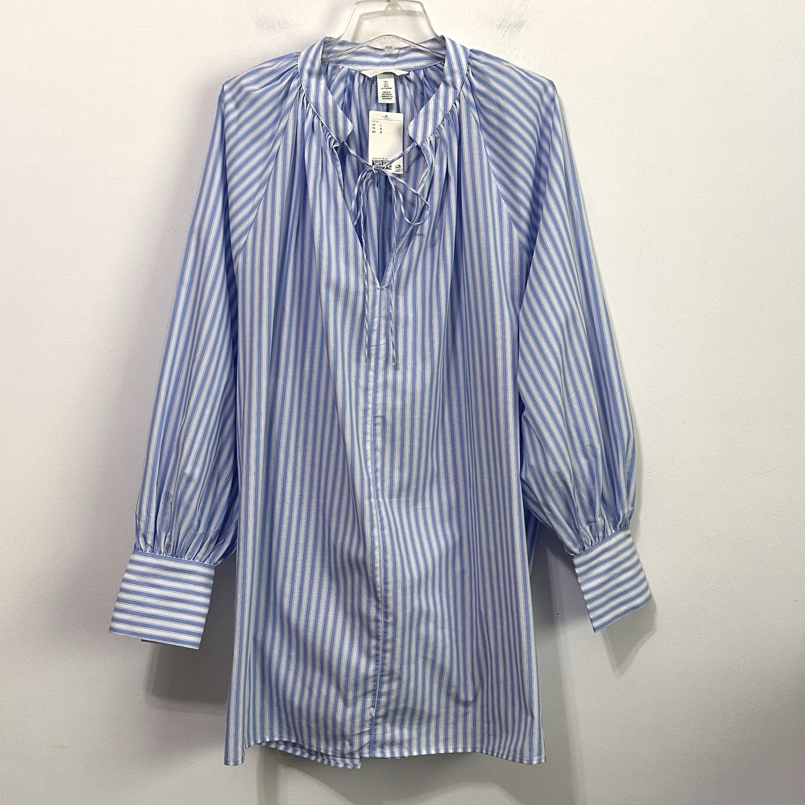 H&M Oversized Tie Detail Dress L Blue Stripe Cotton Long Sleeve Trendy Party NEW