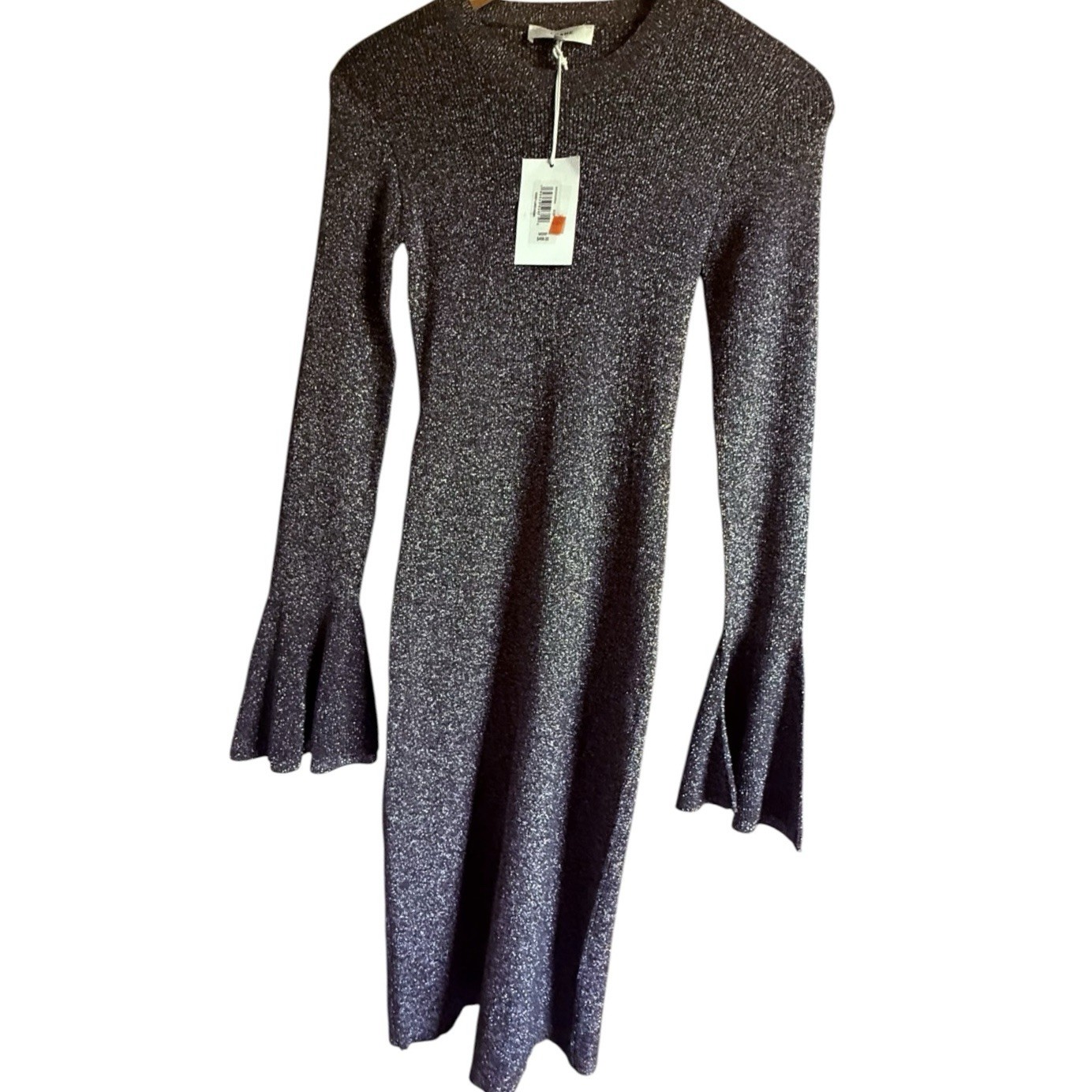 NWT FRAME Godet Lurex Metallic Ribbed Knit Bell Sleeve Midi Dress Size M $498