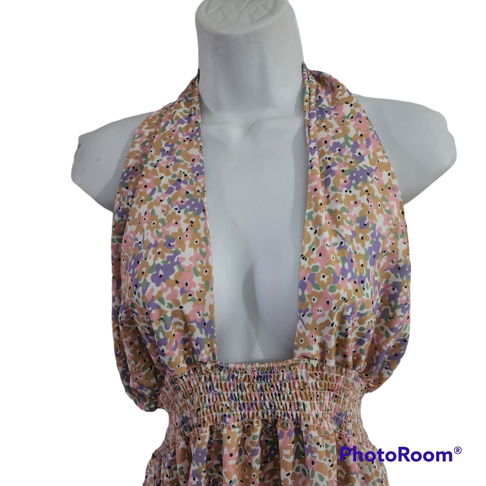 Cupshe Miriam Backless Halter-Neck Floral Rausch Pleated Dress size L NWT