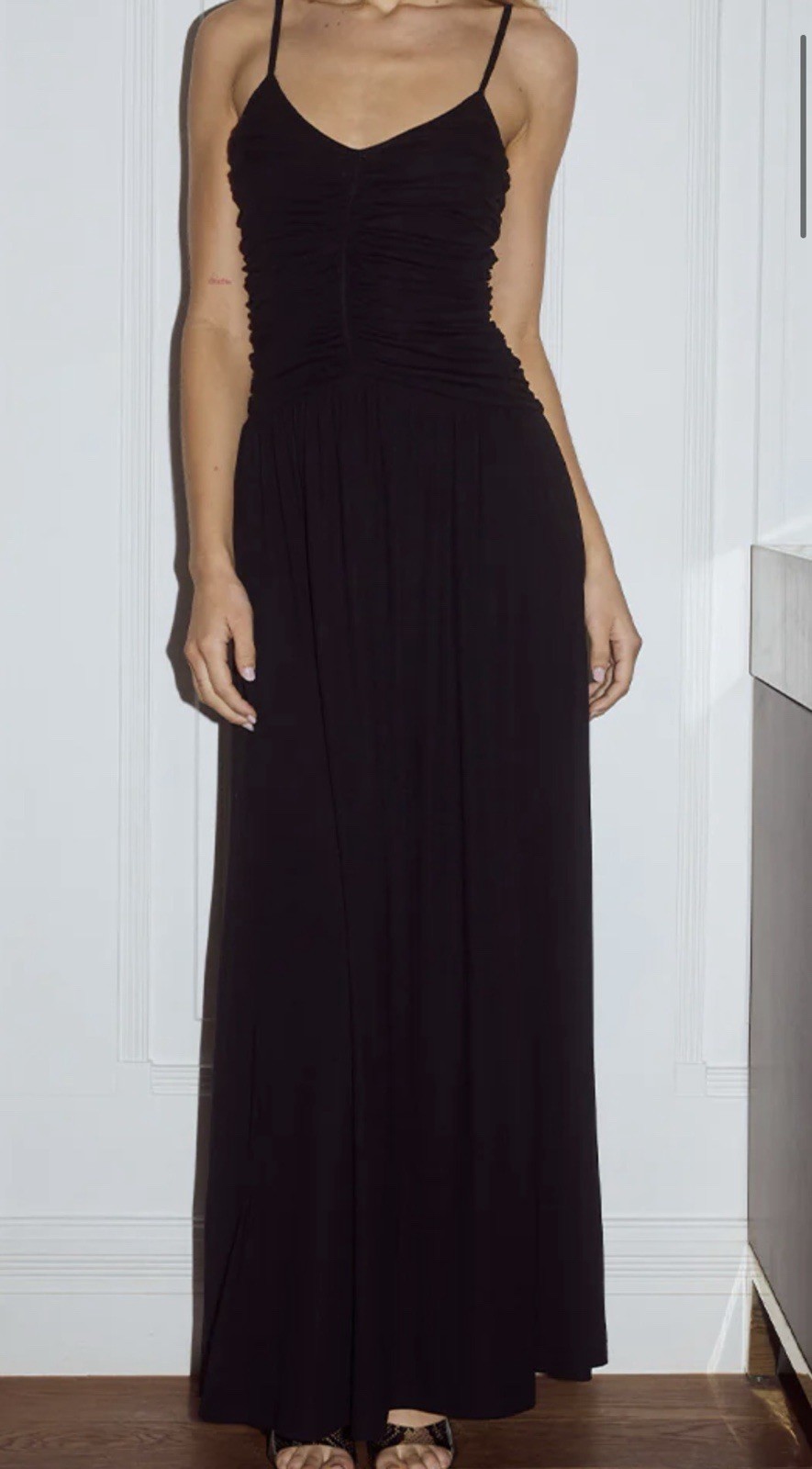 Runaway The Label Dress Womens Medium Black Sol Ruched Maxi Scoop Rayon Blend