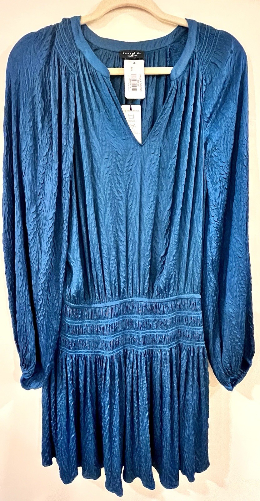 CURRENT AIR Anthropologie Long Sleeve Silky Crinkle Smocked Waist Dress Teal M