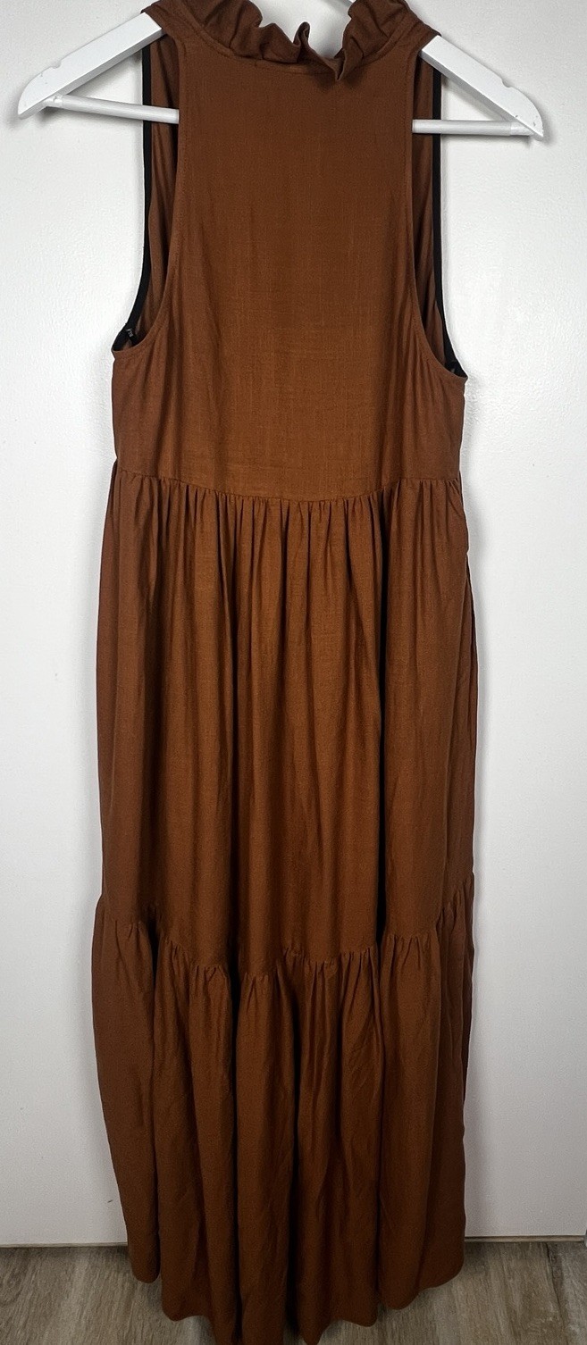 Black Halo Size M Amia Sleeveless Tiered Linen Carmel High Low Maxi Dress NWOT
