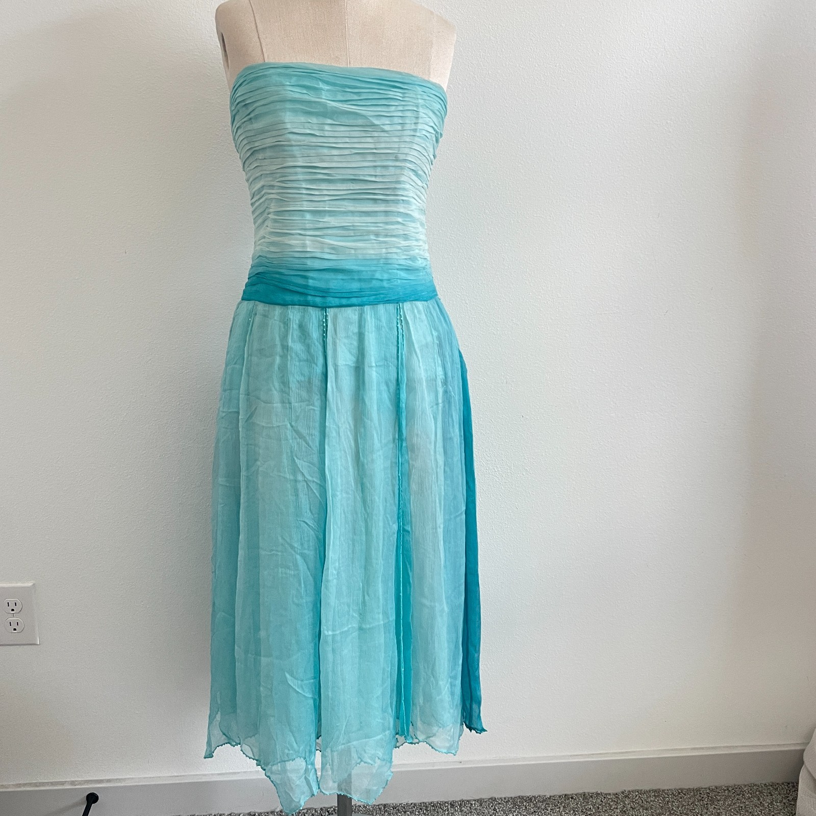 VTG 90s Y2K Silk Dress Women 10 Blue Strapless Midi Fairy Garden Party Laundry