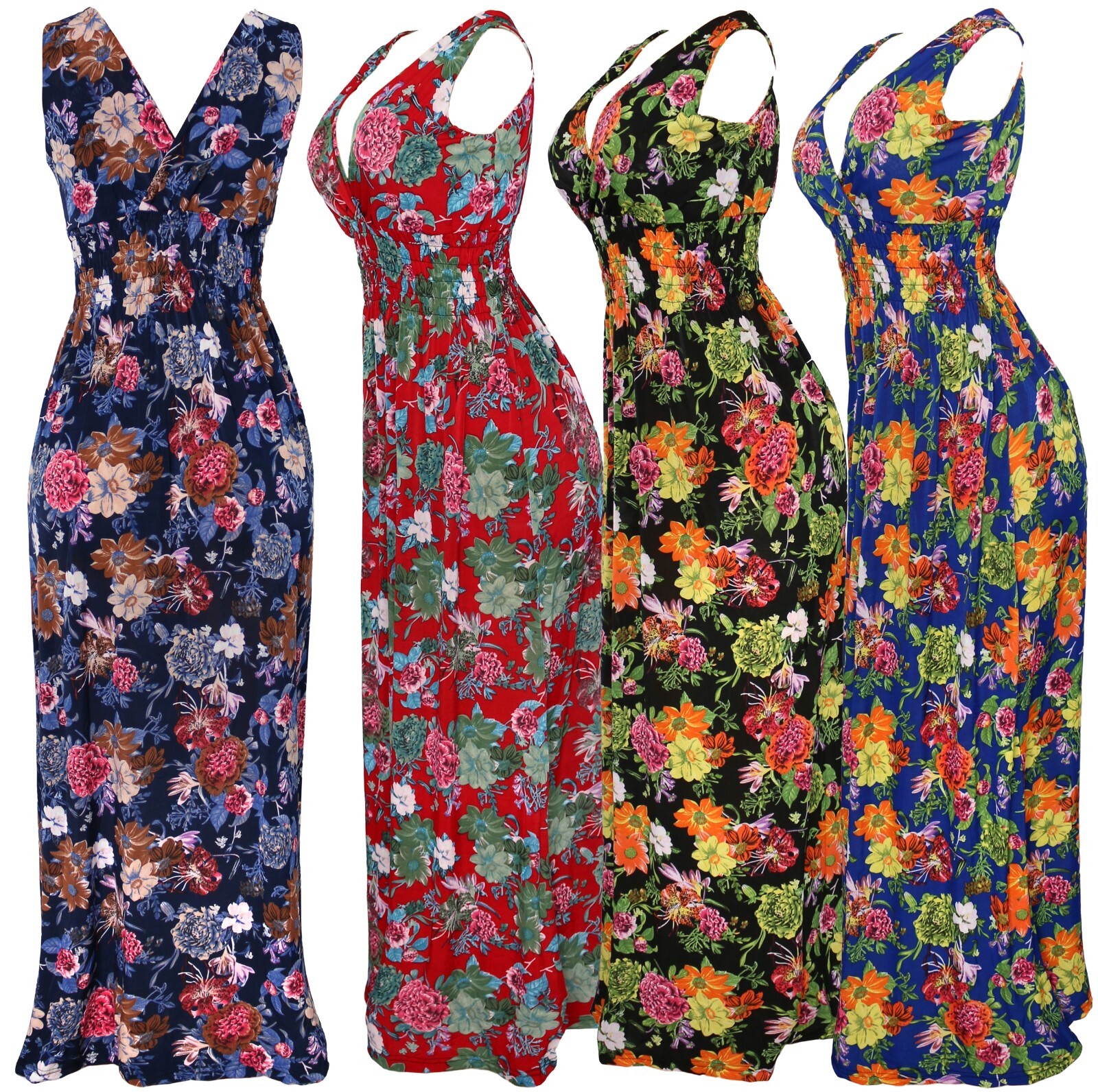 Women’s Deep V-Neck Floral Smocked Waist Summer Sundress Long Dress
