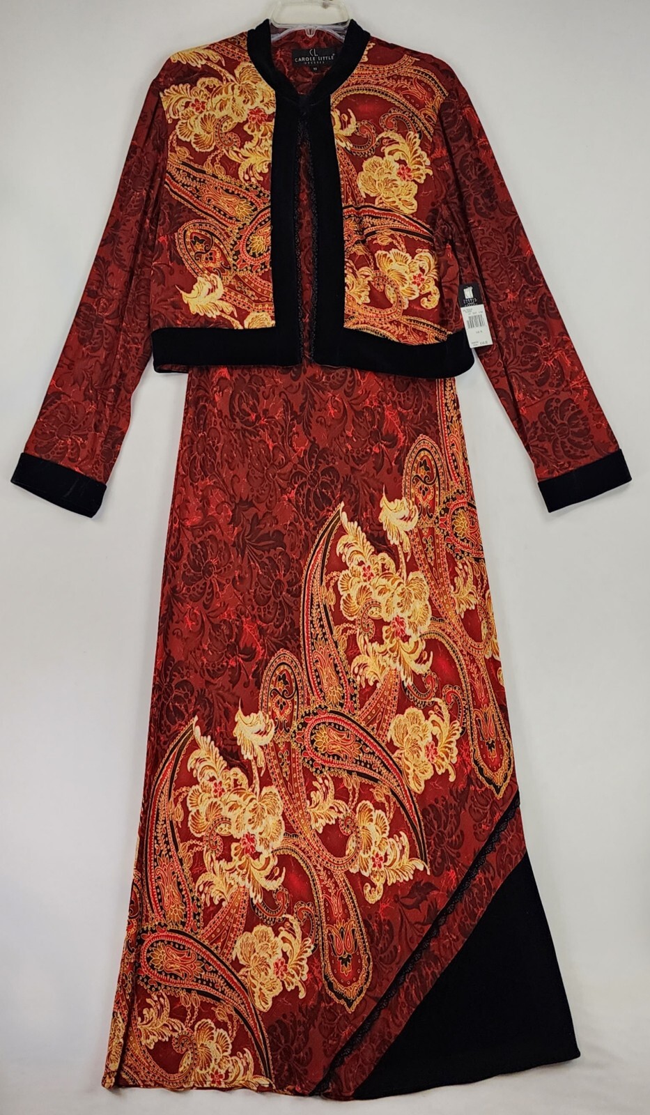 Carole Little Dress Womens 10 Red Paisley Print Velvet Trim 2 Piece Vintage Maxi