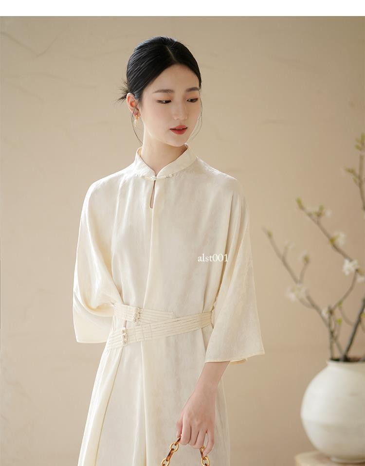 Retro Chinese Style Zen Design Womens Stand Collar 3/4 Sleeve Long Dresses Qipao