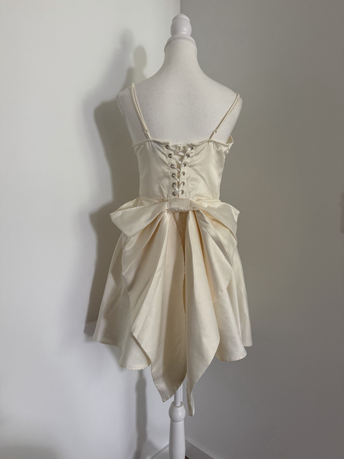 Ivory Solid Satin Mini Dress Square Neck Lace-Up Back Bow Straps Size M
